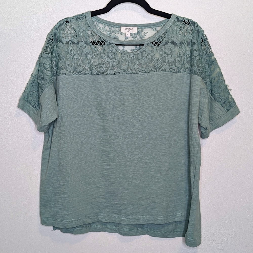 Umgee Sage Green Lace Top L Boho Batwing Short Sleeve Crochet Blouse